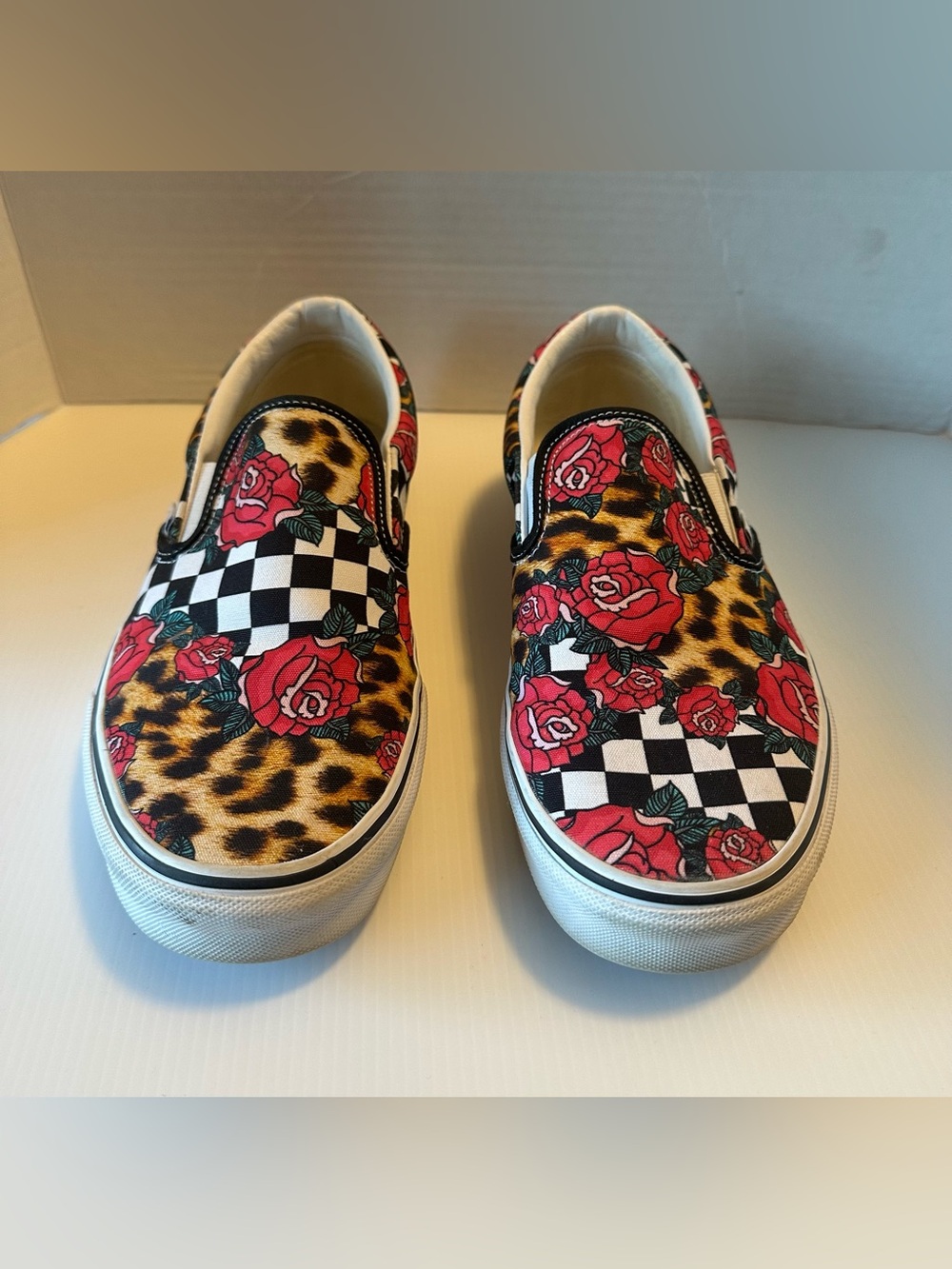 Vans Slip-On Sneakers in Leopard, Red Rose & Black/White Checker